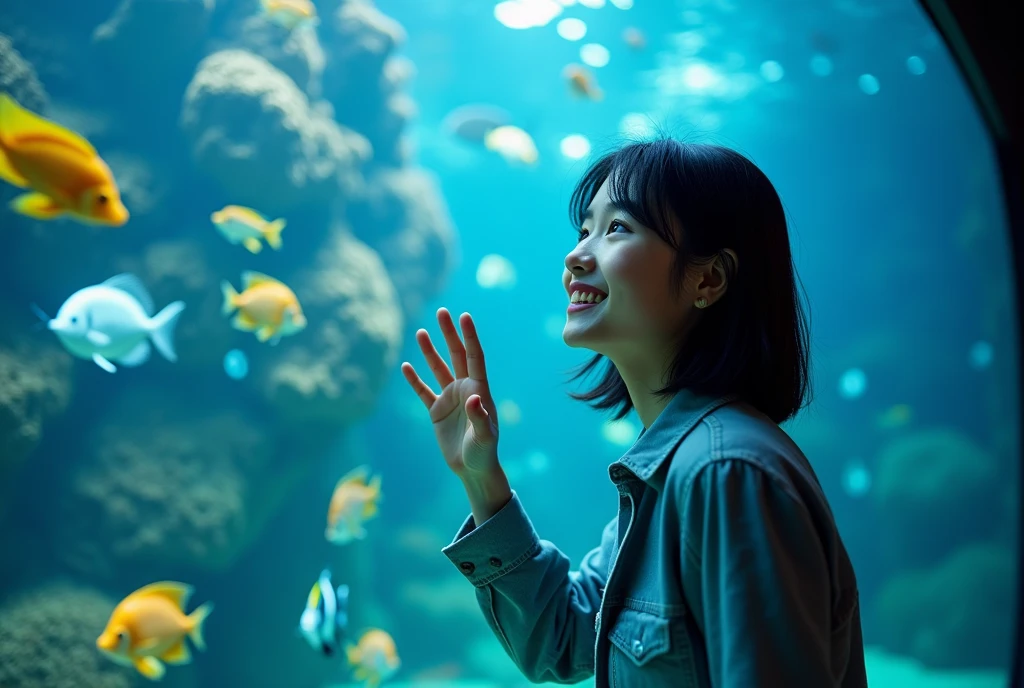 (Vibrant photograph:1.3), (20-year-old Japanese woman:1.4), (enjoying aquarium:1.3), (crystal clear image:1.3), (high resolution:1.2), (photorealistic:1.2), (sharp focus:1.2). Break,
(Young Asian female:1.3), (shoulder-length black hair:1.2), (natural makeup:1.1), (bright eyes:1.2), (genuine smile:1.3), (casual stylish outfit:1.2). Break,
(Large aquarium tank:1.3), (colorful tropical fish:1.2), (coral reefs:1.2), (blue water background:1.3), (soft ambient lighting:1.2). Break,
(Woman interacting with exhibit:1.3), (hand touching glass:1.2), (looking up in wonder:1.2), (playful expression:1.2). Break,
(Indoor aquarium setting:1.2), (other visitors in background:1.1), (information plaques:1.1), (viewing benches:1.1). Break,
(Soft diffused lighting:1.2), (reflections on water:1.2), (gentle shadows:1.1), (subtle lens flare:1.1). Break,
(Vivid colors:1.2), (rich blues and greens:1.2), (contrast with skin tones:1.2), (saturated aquarium lights:1.2). Break,
(Dynamic composition:1.2), (rule of thirds:1.1), (leading lines:1.1), (depth of field:1.2), (foreground interest:1.1). Break,
(Emotional connection:1.2), (sense of wonder:1.2), (joyful atmosphere:1.2), (immersive experience:1.2). Break,
(Crisp details:1.2), (texture of fish scales:1.1), (bubbles in water:1.1), (fabric patterns of clothing:1.1).