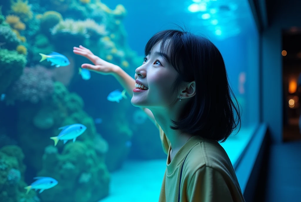 (Vibrant photograph:1.3), (20-year-old Japanese woman:1.4), (enjoying aquarium:1.3), (crystal clear image:1.3), (high resolution:1.2), (photorealistic:1.2), (sharp focus:1.2). Break,

(Young Asian female:1.3), (shoulder-length black hair:1.2), (natural makeup:1.1), (bright eyes:1.2), (genuine smile:1.3), (casual stylish outfit:1.2). Break,

(Large aquarium tank:1.3), (colorful tropical fish:1.2), (coral reefs:1.2), (blue water background:1.3), (soft ambient lighting:1.2). Break,

(Woman interacting with exhibit:1.3), (hand touching glass:1.2), (looking up in wonder:1.2), (playful expression:1.2). Break,

(Indoor aquarium setting:1.2), (other visitors in background:1.1), (information plaques:1.1), (viewing benches:1.1). Break,

(Soft diffused lighting:1.2), (reflections on water:1.2), (gentle shadows:1.1), (subtle lens flare:1.1). Break,

(Vivid colors:1.2), (rich blues and greens:1.2), (contrast with skin tones:1.2), (saturated aquarium lights:1.2). Break,

(Dynamic composition:1.2), (rule of thirds:1.1), (leading lines:1.1), (depth of field:1.2), (foreground interest:1.1). Break,

(Emotional connection:1.2), (sense of wonder:1.2), (joyful atmosphere:1.2), (immersive experience:1.2). Break,

(Crisp details:1.2), (texture of fish scales:1.1), (bubbles in water:1.1), (fabric patterns of clothing:1.1).