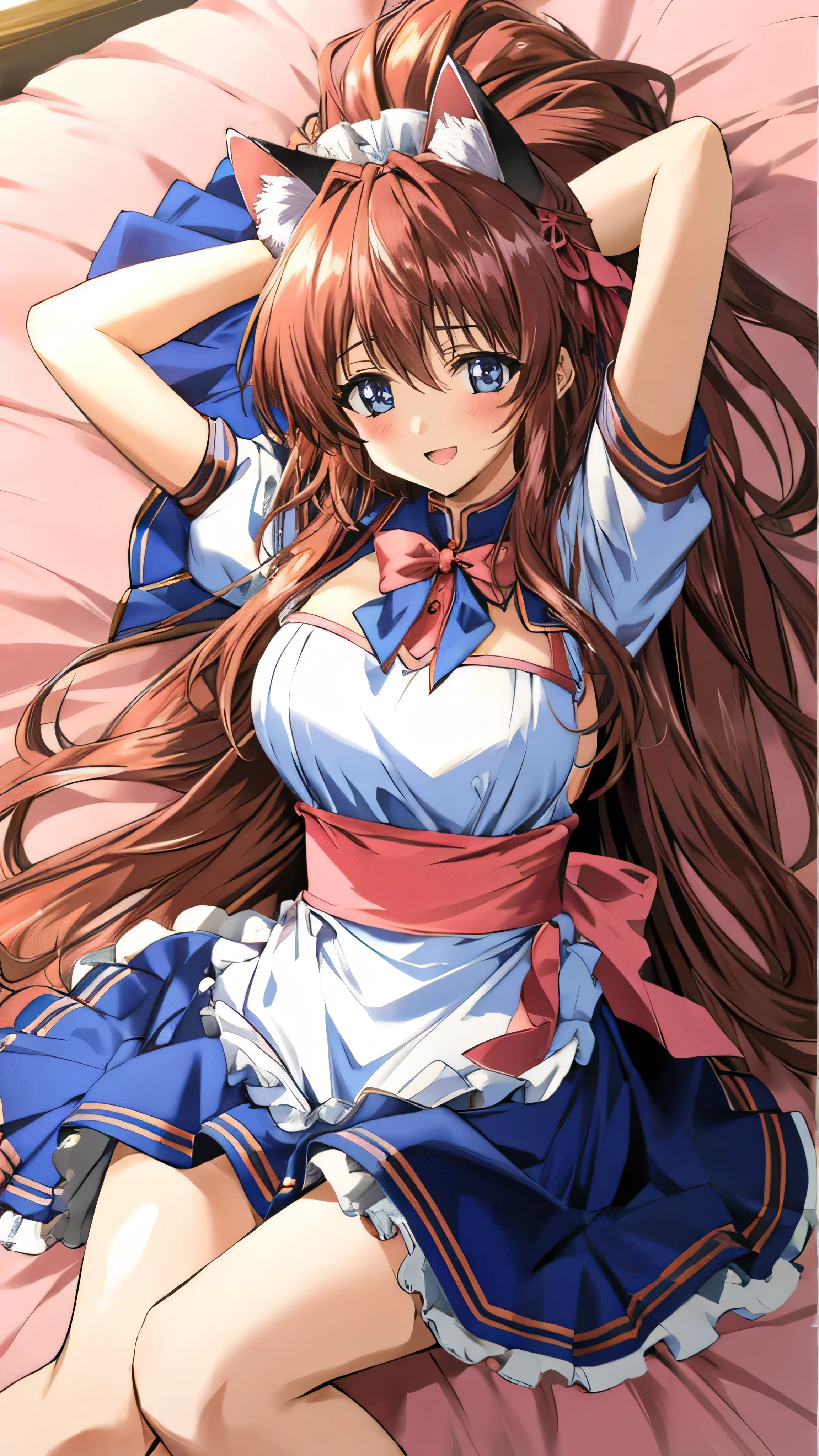 (Anime artwork, Anime Style, Studio Anime, Very detailed, Latest, Vibrant, Anime Coloring Book, High Contrast, masterpiece:1.2, Highest quality, Best aesthetics), (Beautiful and detailed:1.2), Aoikan, 1 person, blush, (maid headdress, cat ears, maid uniform), Cute Smile Open your mouth On the bed, Lie down with your arms up, Pink Good, From above, No pants,Two Arms,