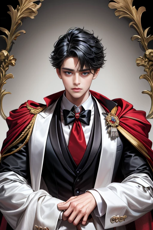 masterpiece, 最high quality, high quality, 1 boy, alone, Male focus, Upper Body,Watching the audience, Messy black hair, Adorable big blue eyes, White, Noble, Noble,A black and red cape that is bursting with sexy volume、Tuxedo、A very voluminous, large, very large, very large, long, long red and black cape with a high stand-up collar, made of a lot of fabric that reaches down to the floor., ,cute beautiful,Cute, cute, kind, handsome guy