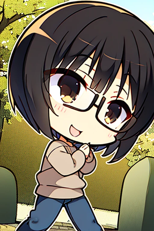 Perfect face. Perfect hands. A black haired kid with light brown eyes and short hair and glasses in a sweatshirt and jeans is running through a cemetery with a big smile