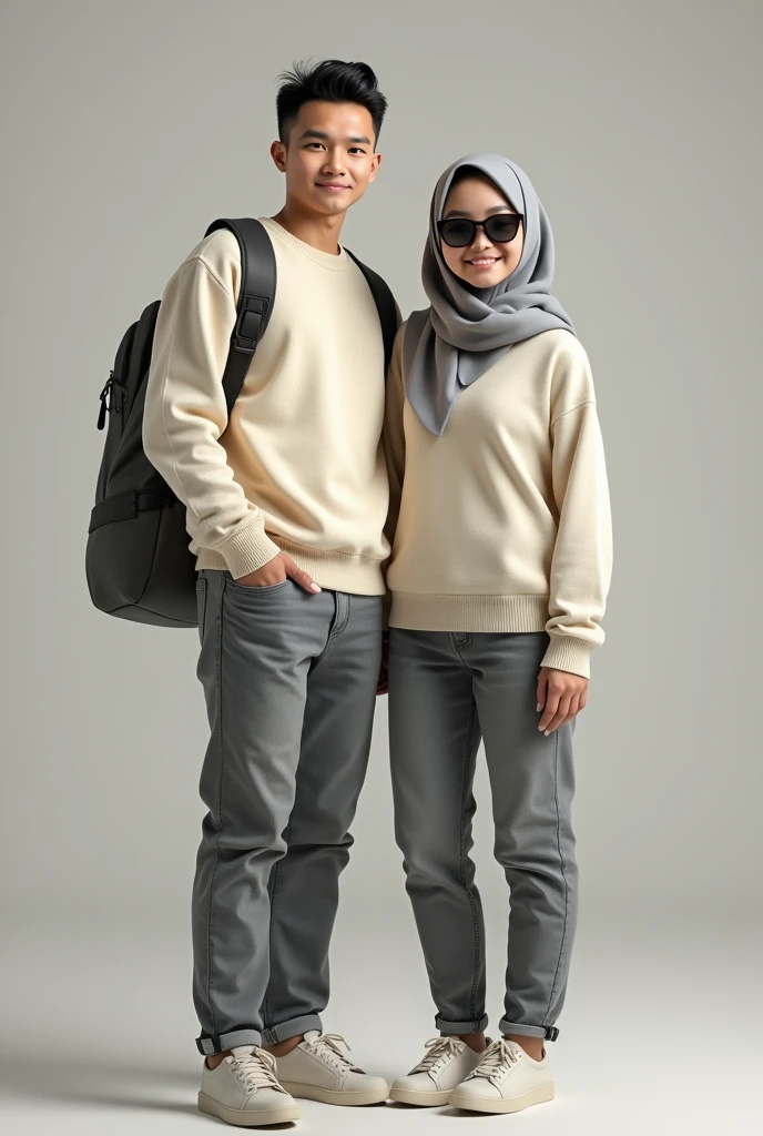 photorealism:1.2),  Indonesian man with a thin and short body posture (short) ,haircut (short slicked back) ,memakai sweater cream dan gray jeans casual shoes ,with an Indonesian woman next to him, wearing a gray hijab with a cream sweater,gray jeans ,casual shoes ,the woman is wearing sunglasses with (wink expression),background silver
