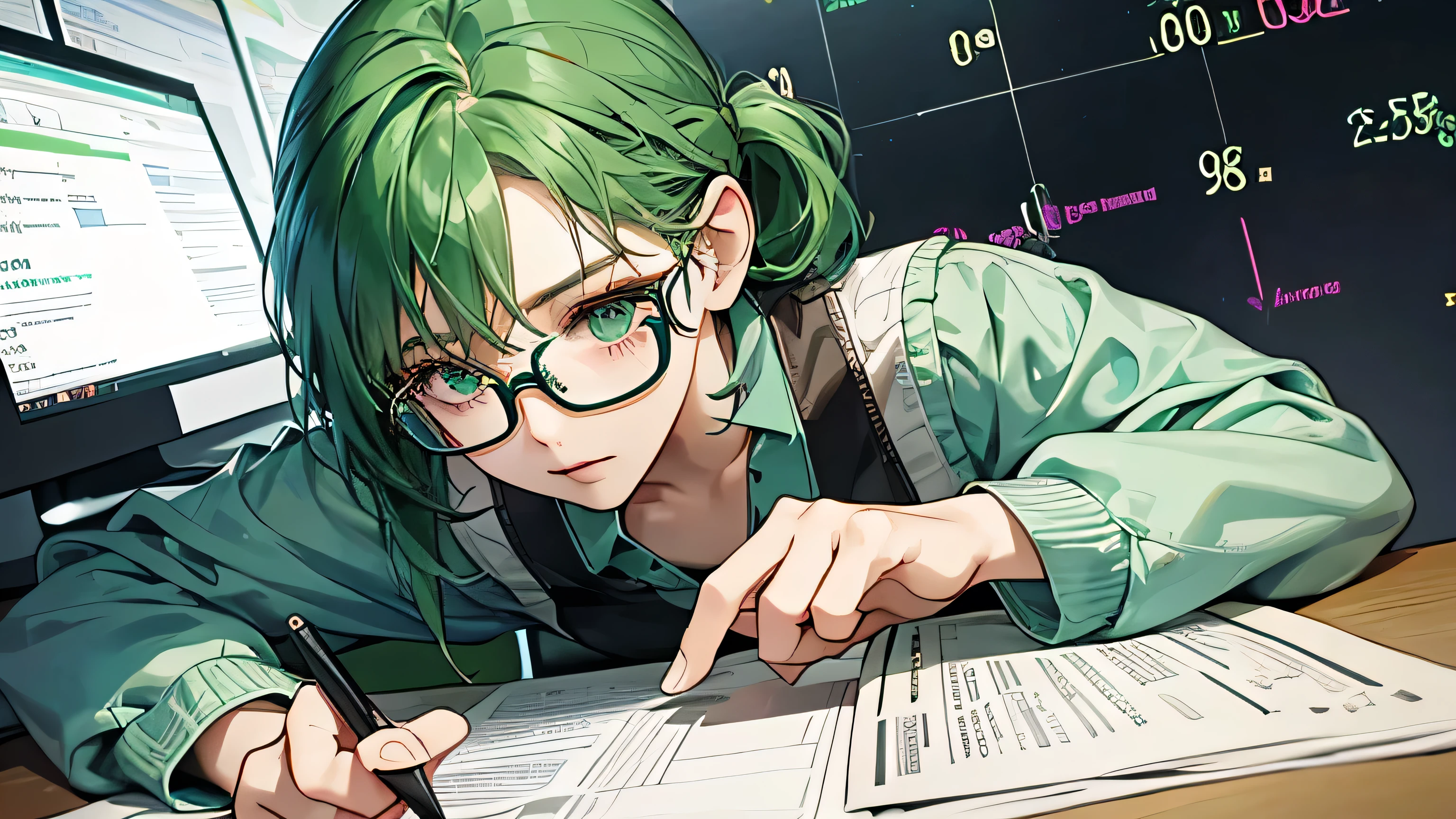 With a graph in the background、A beautiful green-haired woman with glasses doing calculations