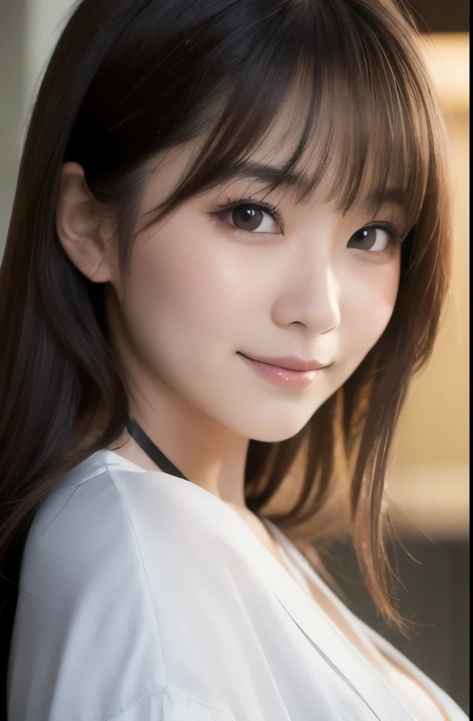 best quality, face focus, soft light, ultra high res, (photorealistic:1.4), RAW photo,(Shinozaki Ai), (fair skin), (kawaii),
1 Japanese girl, solo, cute, smile, (pupil, lights in the eyes),  detailed beautiful face, Medium-sized breasts,(high resolution detail of human skin texture),long hair,(portrait), upper body, white traditional kimono, A face drawn large on the screen