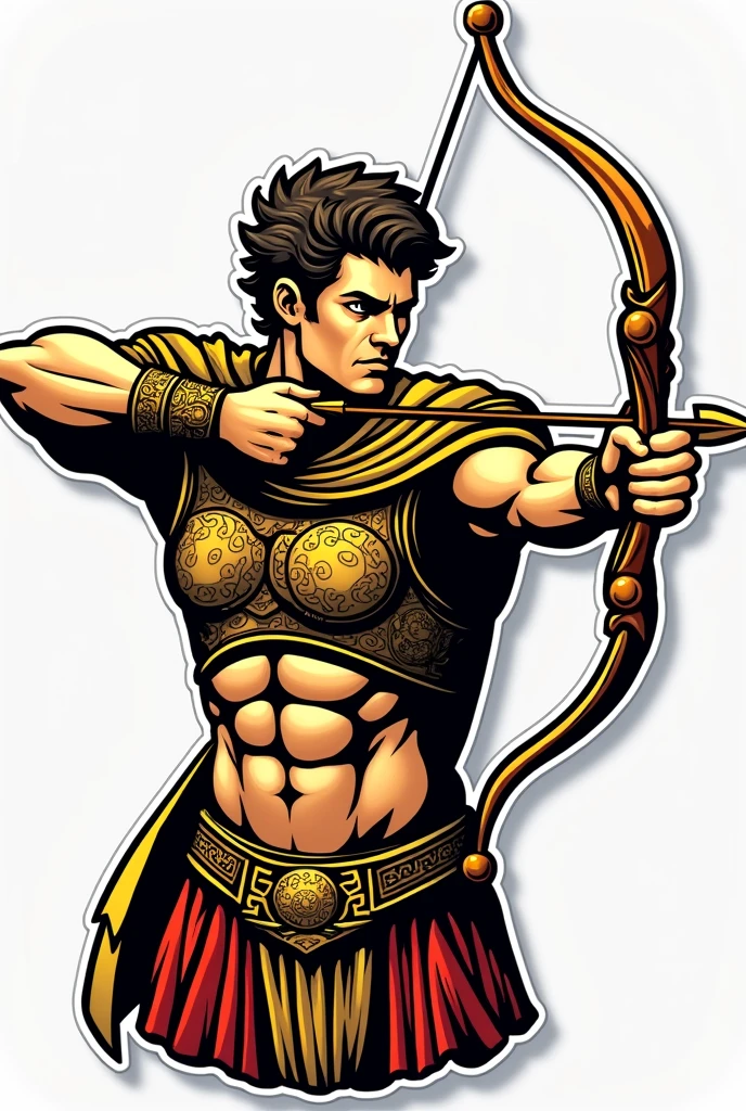 God Apollo wearing an armour and firing a bow and arrow. Make his face a little fierce and facing in front. Make it sticker-like with bold outline. It should be accurate as a logo. Don't put a background. He should be facing in front and make it brighter with touch of yellow. He should ba handsome also. Make it half body. Don't make cuts of other parts. It should be a full image. Make him look more god-like. Make it simple and comic style.
