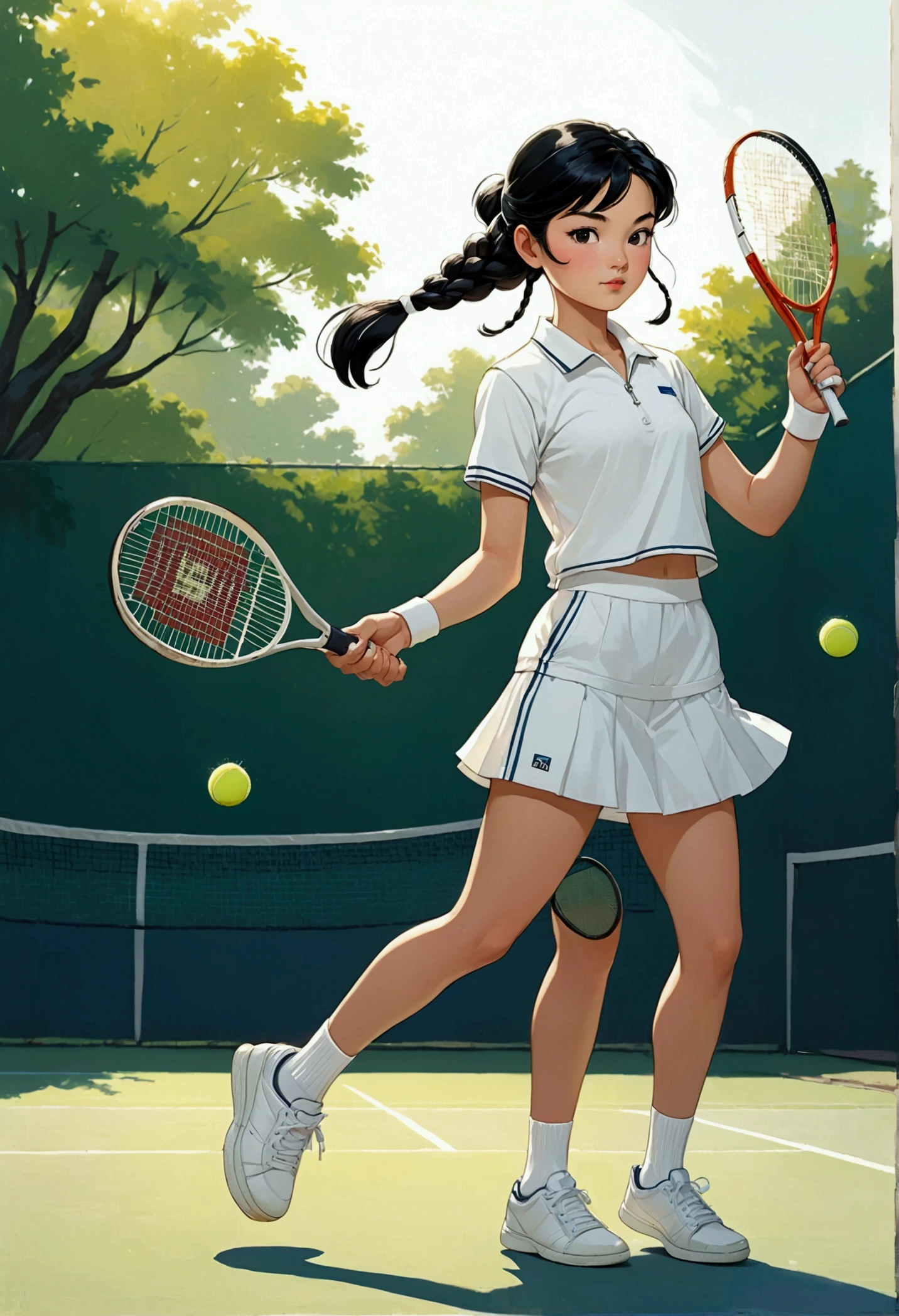 A beautiful young girl in Sarah Kay style, Asian with black hair tied in a single long braid and dressed in an all-white tennis sports outfit, with white sneakers and socks, carries a racket in her hand, her style is 50s, she is in a relaxed attitude.