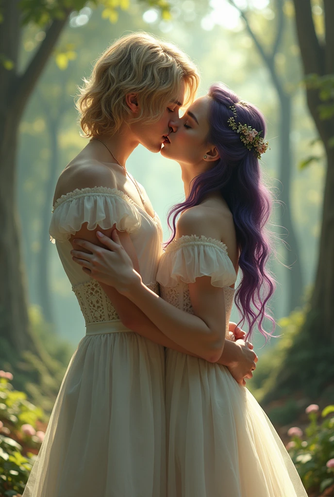 English woman 20 years old,skin fair,sparkling green eyes,dark purple hair,white gown,She is serene,kissing a blond haired man,forest of light scenario,scenarioposes,make-up,cinema image,品質,full body images,detailed,full body image,high resolution,