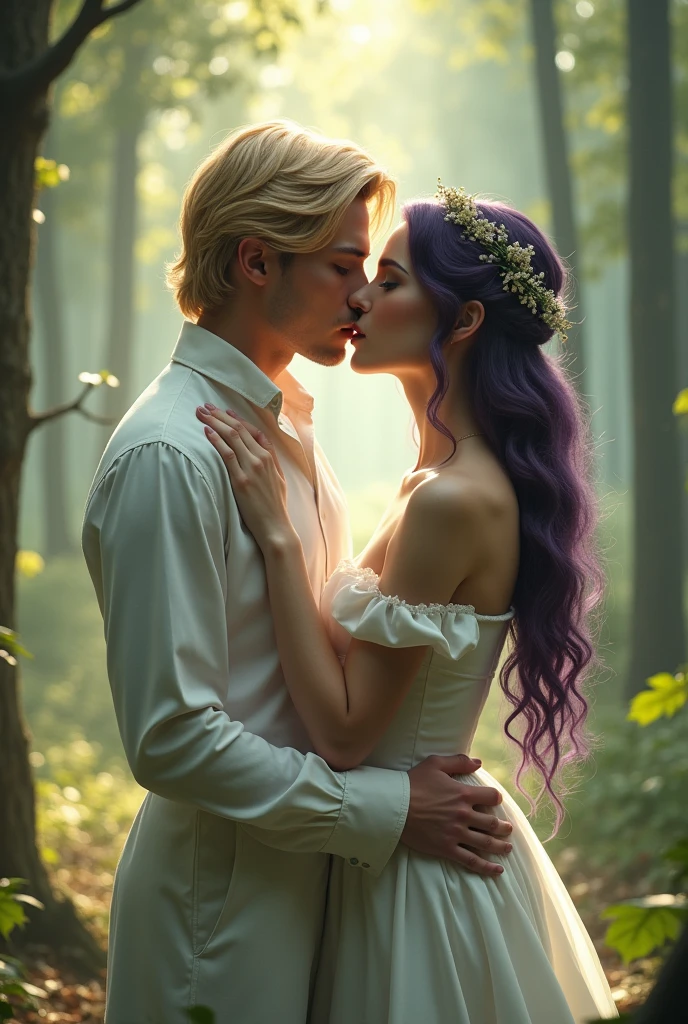 English woman 20 years old,skin fair,sparkling green eyes,dark purple hair,white gown,She is serene,kissing a blond haired man,forest of light scenario,scenarioposes,make-up,cinema image,品質,full body images,detailed,full body image,high resolution,