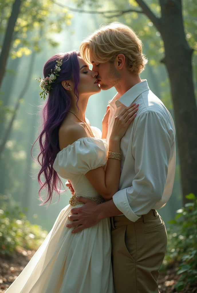 English woman 20 years old,skin fair,sparkling green eyes,dark purple hair,white gown,She is serene,kissing a blond haired man,forest of light scenario,scenarioposes,make-up,cinema image,品質,full body images,detailed,full body image,high resolution,