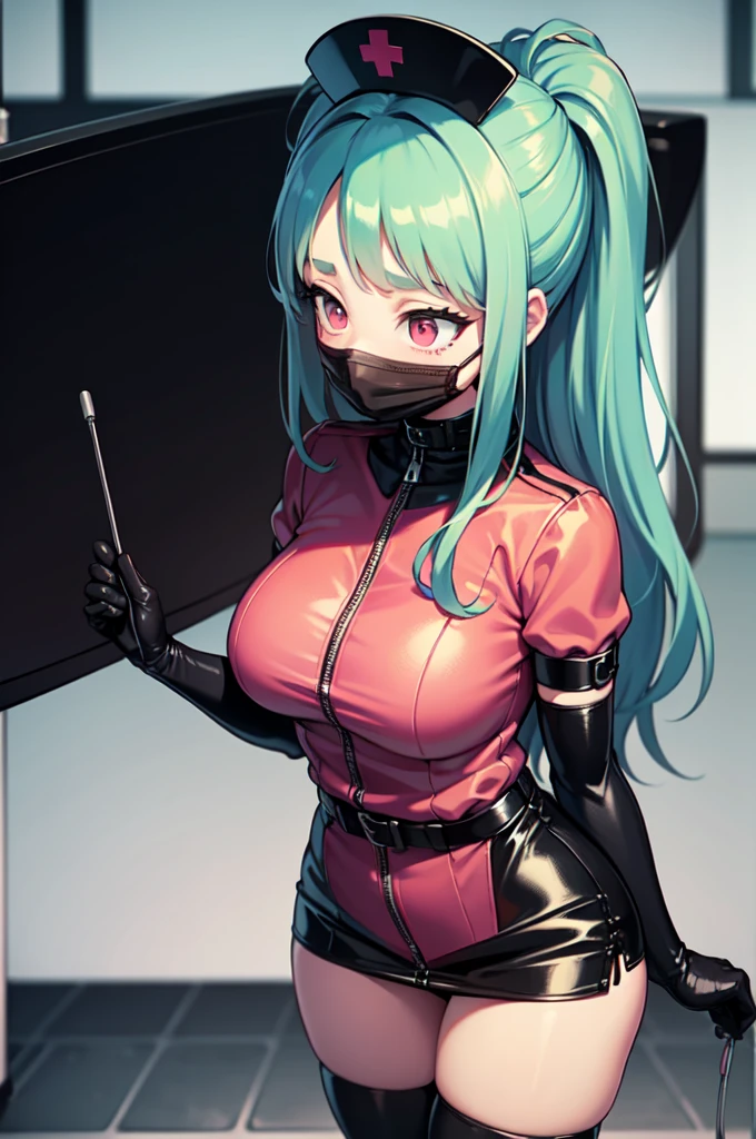 black nurse, 1woman, solo, black nurse cap, black nurse uniform, ((black legwear, zettai ryouiki)), black elbow gloves, forehead, long hair, green hair, pink eyes, ((black surgical mask, covered nose)), standing, ((surgery room)), sharp outline, short sleeves, mature female, 35yo, best quality, masterpiece