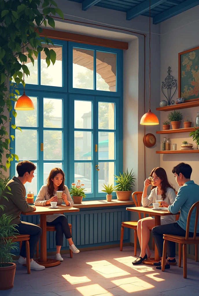 A cafe inside blue window