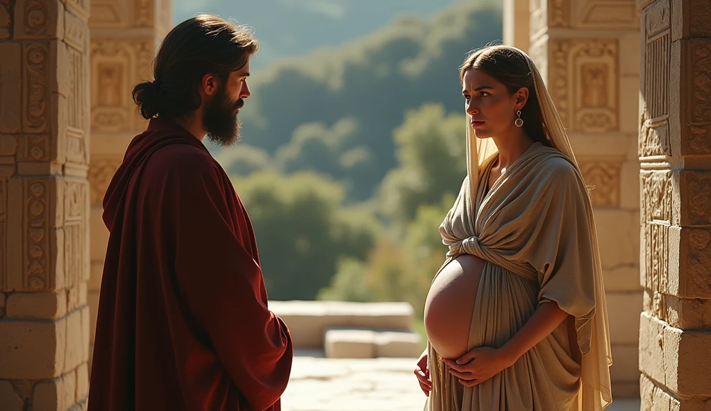 (photorealism:1.2), a worried greek pregnant woman fully dressed goes to Delphi and discuss with priest about her dream renaissance period 