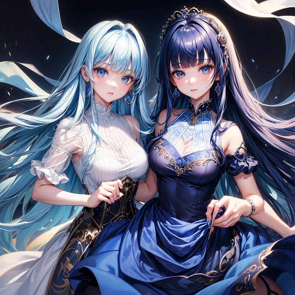 ((Highest quality)),(Ultra-high resolution),Flared skirt dress,High neck、The material of the dress is deep blue roses、Highly detailed CG Unity 8k wallpaper, , Earrings, Blue hair, Curly Hair, Blunt bangs, Straight bangs, Blue eyes, White skin, Gal, Improve、Her flat chest is hidden by her dress
