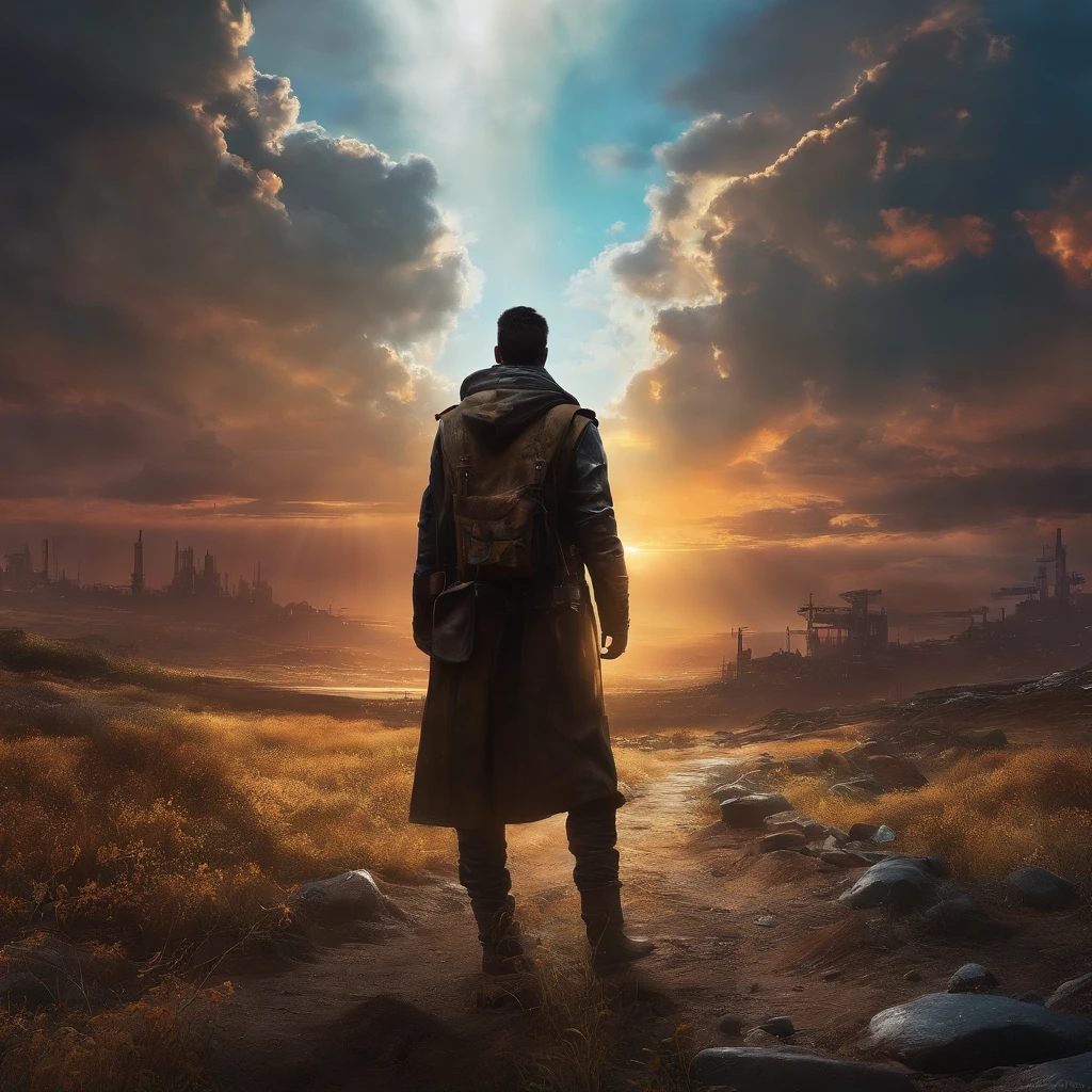 ((masterpiece)), epic scene. Man with his back turned in a post-apocalyptic landscape. with rays of sun breaking through the clouds. bright coloured. estilo cyber-punk. Ciber punk. アニメ. Colorful sleeve. Realistic shadows and particles. Realistic Japanese animation