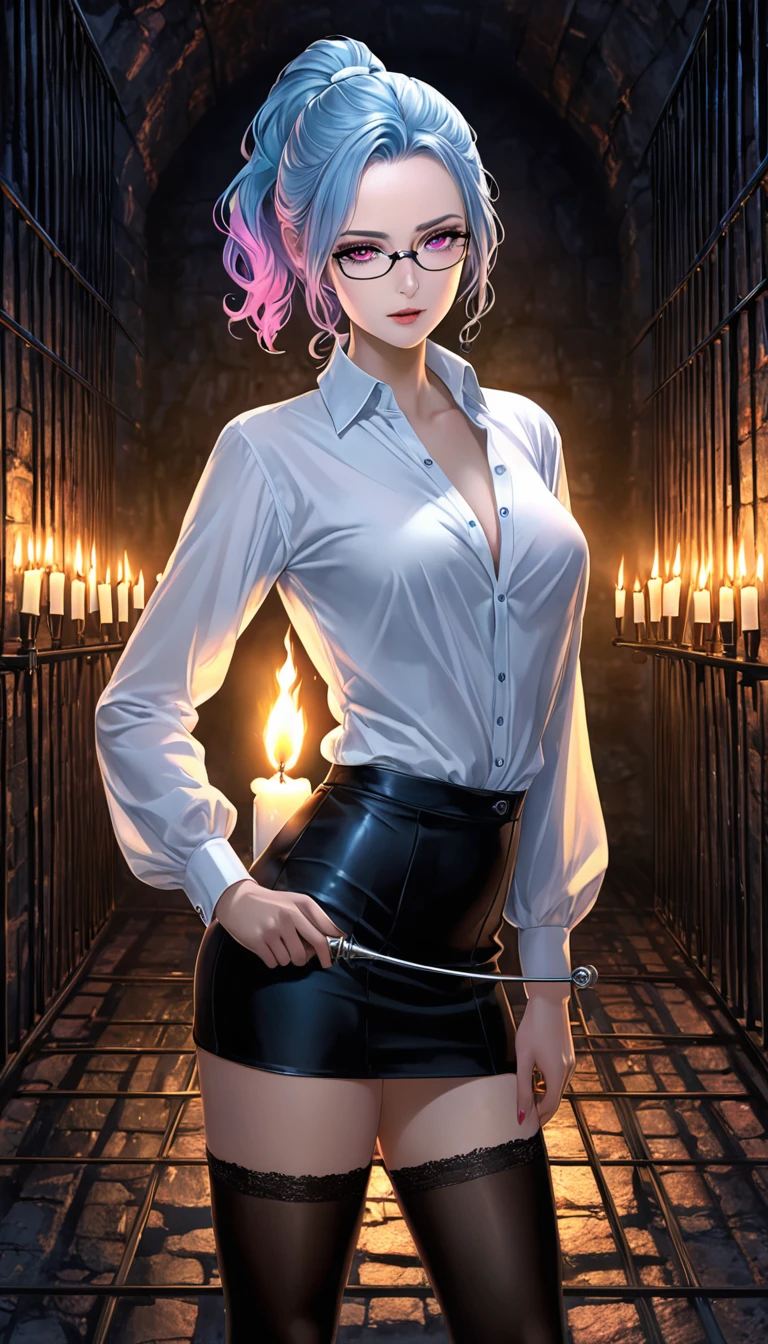 Intelligent beauty, glasses, platinum color messy wavy ponytail, forehead, (attractive and seductive) and (amorous and lewd) expression, pink eyes, make-up, glamorous proportions, wearing unbuttoned white shirt, tight black mini skirt, black stockings, iridescent rapier, background dim underground prison, candlelight room, (ultra detailed, absolutely resolution, best quality:1.3), 2.5D, delicate and dynamic effects, shading effects, contrast effects, artistic, hyper, graphic CG digital art