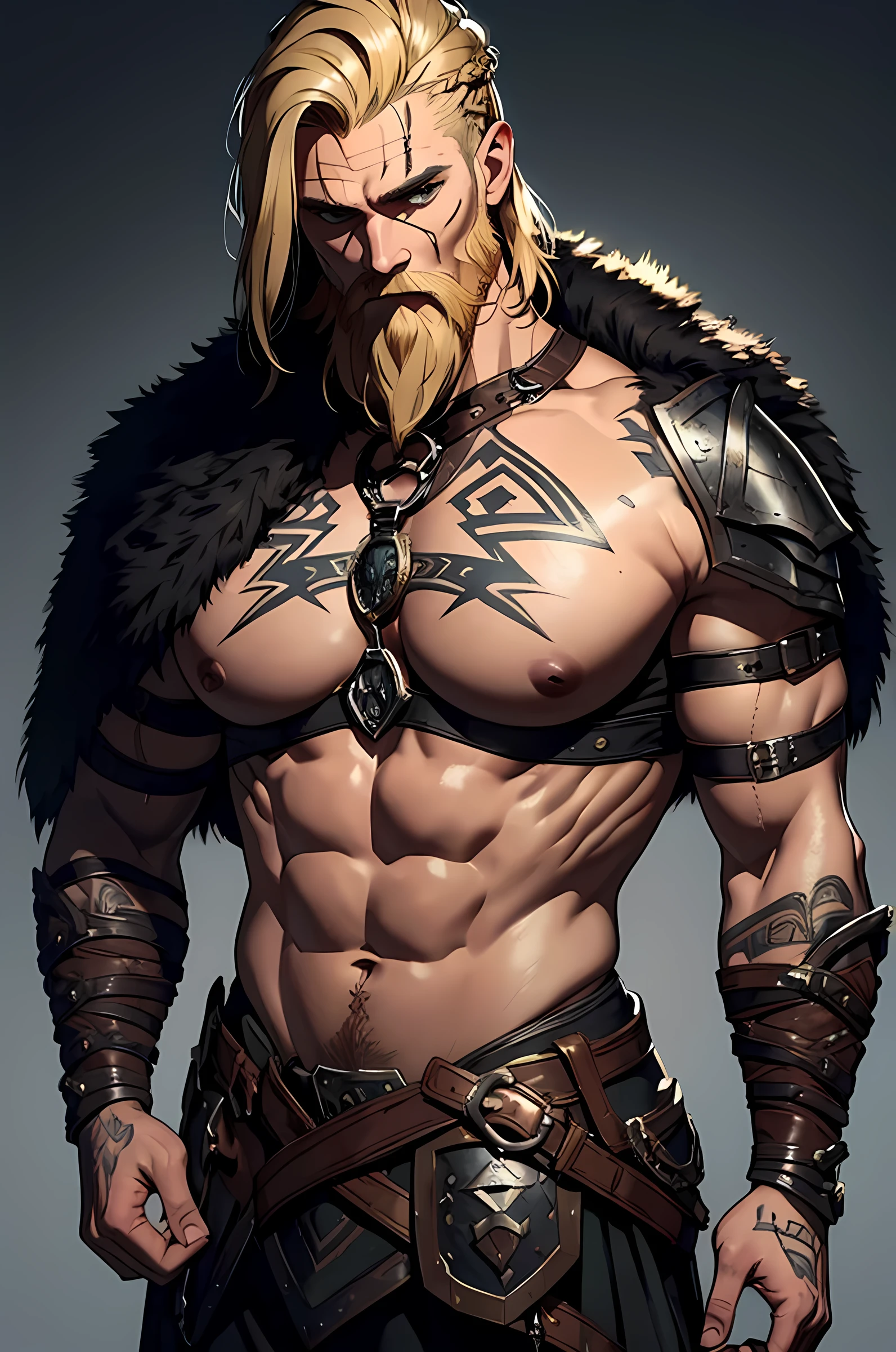 1man, viking, whole body, Drawing style, (work of art),  best qualityer, high resolution, 4K, 8k, detailed illustration, intricate-detail, cinematic lighting, incredible quality, male fit, amazing shading, soft lighting, front camera, blonde beard, short beard, blond hair, short hair, braided hair, black tattoo, nordic tattoos, (, wearing a shirt, wearing leather armor, wearing leather chest armor, chest covered by leather, wearing black fur)