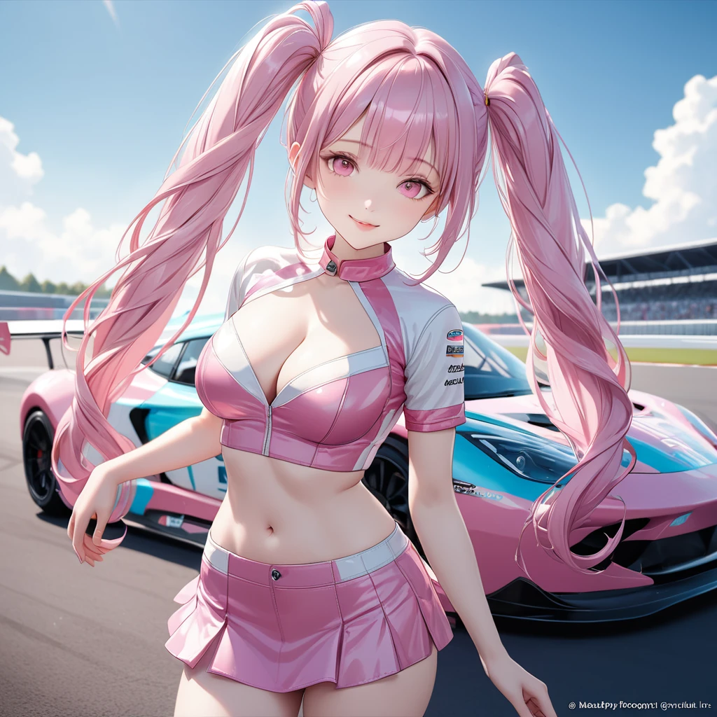 (8K, masutepiece, Best Quality, Official art, beautiful lighting, The best masterpiece in history that exceeds limits, beautiful detailed), (1 Girl, Solo), (sixteen years old), (beautiful detailed face), (shiny white skin), (Beautiful big bust, cleavage, thighs, navel:1.3), (beautiful detailed pink twin tails hair, Bangs:1.3), (beautiful detailed drooping pink eyes:1.5), (Race queen uniform, short length tight shirt, pastel pink short length tight skirt:1.3), (long boots:1.3), (happy smile:1.2), (Attractive, sensational, Look at the camera, cute pose, standing), breathtaking scenery, (ultra detailed realistic Beautiful Racing car circuit, sports car, blue sky:1.2),
