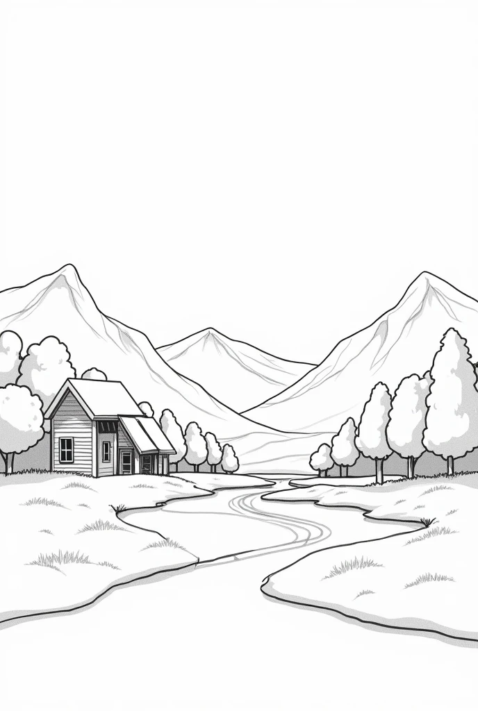 Landscape with a simple country house, trees, a river, mountains in the background, only outline of the drawing, black and white