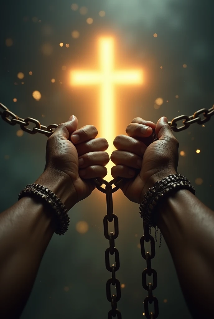hands breaking the chains that kept them chained, and in the background a glowing cross