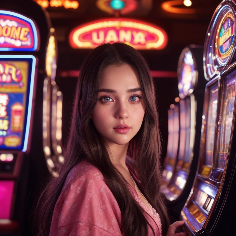 cute girl playing slot machines, 1girl, beautiful detailed eyes, beautiful detailed lips, extremely detailed face and hair, cute and adorable expression, casino interior, slot machines, neon lights, cinematic lighting, fantasy, vibrant colors, highly detailed, 8k, photorealistic, masterpiece, cinematic composition, dramatic lighting