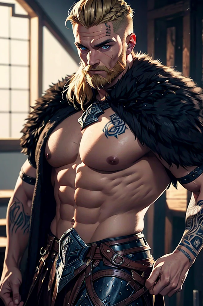 1man, viking, whole body, Drawing style, (work of art), best qualityer, high resolution, 4K, 8k, detailed illustration, intricate-detail, cinematic lighting, incredible quality, male fit, amazing shading, soft lighting, front camera, blonde beard, short beard, blond hair, short hair, braided hair, black tattoo, nordic tattoos, (, wearing a shirt, wearing leather armor, wearing leather chest armor, chest covered by leather, wearing black fur)