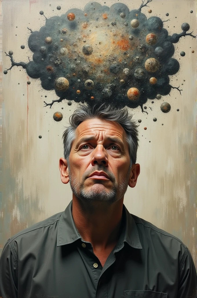 A rough oil painting of a worried man having bubble of thoughts above his head