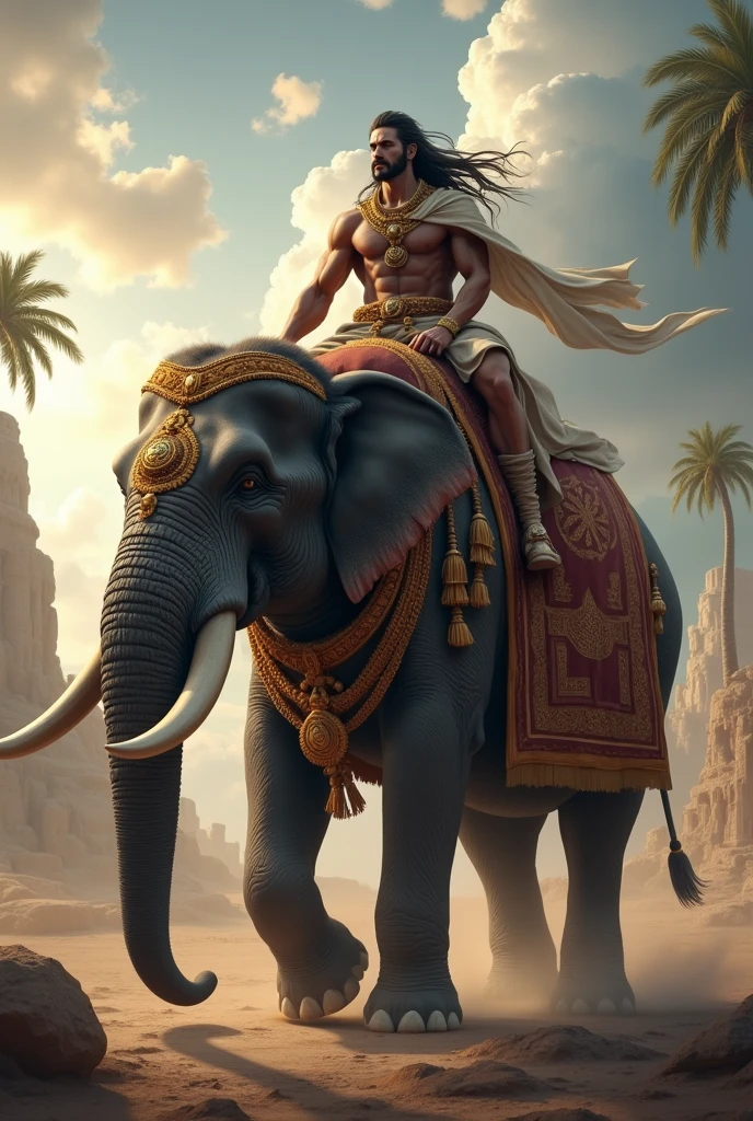 Create an epic scene featuring a strong, muscular man with long hair sitting on a majestic, adorned elephant, The man is dressed in traditional warrior attire, with flowing garments and a fierce expression. The elephant is richly decorated with intricate patterns and jewelry, showcasing its regal nature. The background features a dramatic sky with clouds and rays of light breaking through, adding to the grandeur of the scene. Palm trees and ancient structures can be faintly seen in the distance, contributing to the historical and mythical atmosphere. 