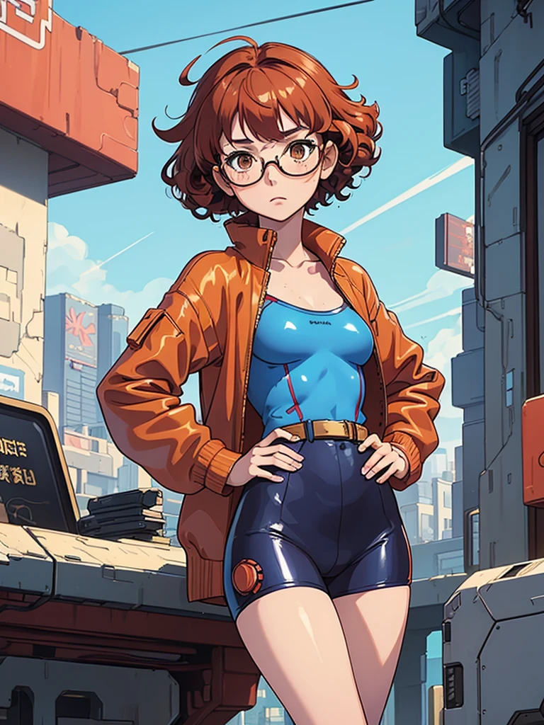 (masterpiece), (best quality),(1 girl), adult, red copper hair,(brown eyes),curly hair,(short curly hair), anime style, freckles, (small breasts),(petite figure), (blue outfit),(cyberpunk clothes)),legs, desert background, (gold glasses)