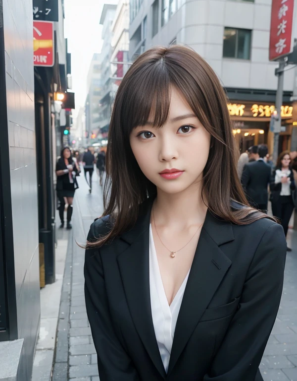 (masterpiece:1.3), (8k, Photorealistic, RAW Photos, Best image quality: 1.4), Japanese Idols、Super detailed face、Attention to detail、Genuine、 double eyelid、Big and attractive eyes, Sharp focus:1.2、Beautiful woman:1.5、Light brown hair、 Highest quality、masterpiece、Ultra-high resolution、Depth of written boundary、Perfect Shadow、(Photorealistic:1.4)、Highly detailed and professional lighting、Perfectly shaped、beautiful girl,Sharp focus, Perfect Anatomy, Business suit、Black jacket、Black Skirt、small diamond necklace、office Street、morning、