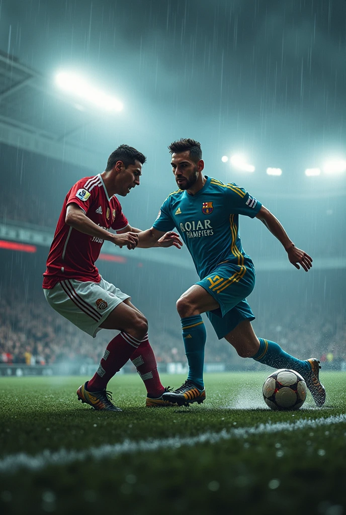 Ronaldo with Messi in rain with thunder