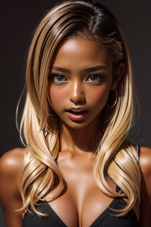 one girl, (((Open your mouth)))、Put your hand over your mouth、Beautiful breasts、 Brown eyes, ((Gal Hairstyles)) blonde, girl, (Eye and facial details:1.0), break, (masterpiece, Highest quality, Very detailed, Detailed face, 8k),( dark skin:1.6  )