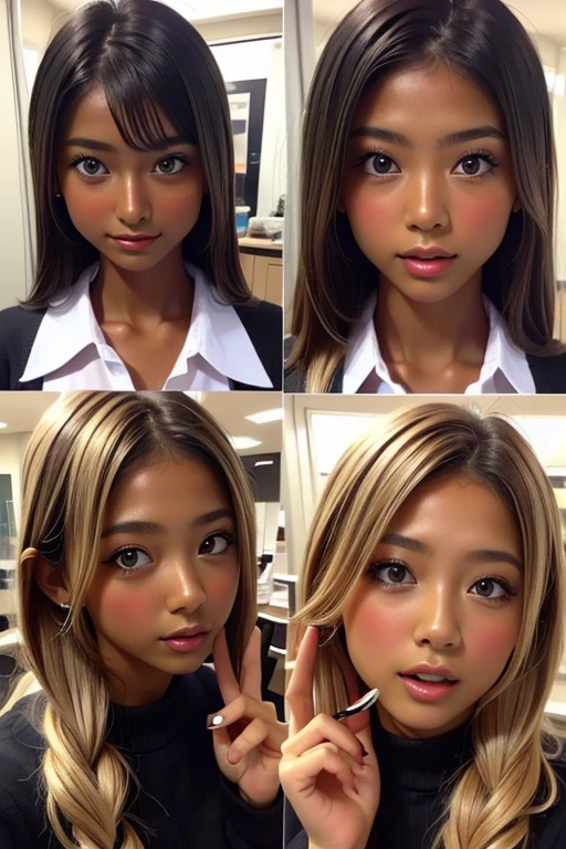 one girl, (((Open your mouth)))、Put your hand over your mouth、Beautiful breasts、 Brown eyes, ((Gal Hairstyles)) blonde, girl, (Eye and facial details:1.0), break, (masterpiece, Highest quality, Very detailed, Detailed face, 8k),( dark skin:1.6  )