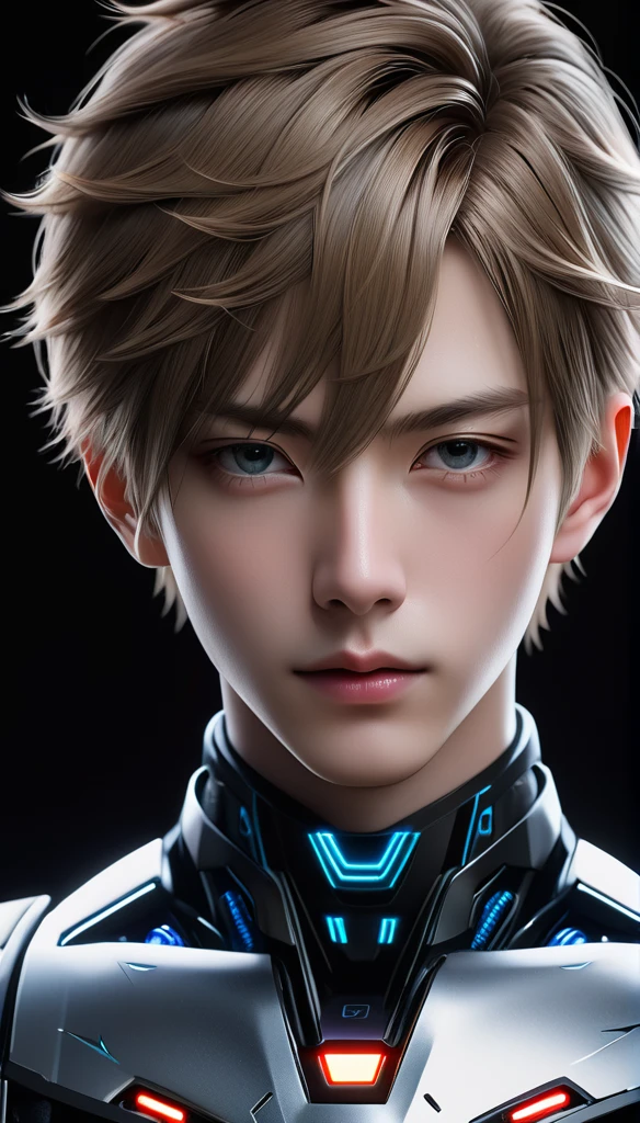 Meticulous, analog style, focus on the eyes, highest quality, (highly detailed skin), photo of very handsome pale skin Japanese boy, 2, (cyber suit), perfect face, pore skin, (penetration:0.5), black background, (bokeh:0.6), sharp focus, grainy lighting, (backlight:0.7), film grain, photographed with Sony A7R IV camera, 18mm F/1.7 cine lens, (highly detailed, intricate detail), 8k, HDR, front view, (upper body: 0.9)