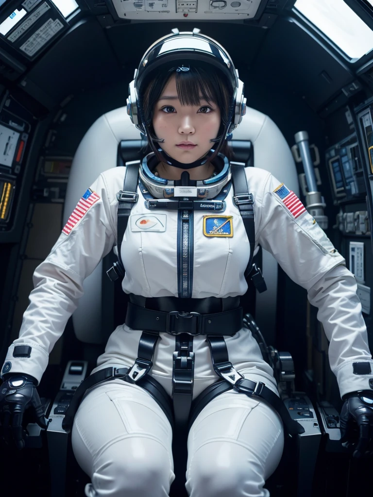 masterpiece, Highest quality, Very detailed, Japanese Android girl, Beautiful 2 Japanese woman, Plump,Slightly thicker,Control panel,Android,cyborg,Blunt bangs,Sitting in the cockpit of a spaceship and piloting it,astronaut,Thick harness belt,Full-face helmet,A tube is connected to his groin