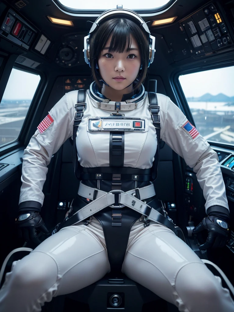 masterpiece, Highest quality, Very detailed, Japanese Android girl, Beautiful 2 Japanese woman, Plump,Slightly thicker,Control panel,Android,cyborg,Blunt bangs,Sitting in the cockpit of a spaceship and piloting it,astronaut,Thick harness belt,Full-face helmet,A tube is connected to his groin