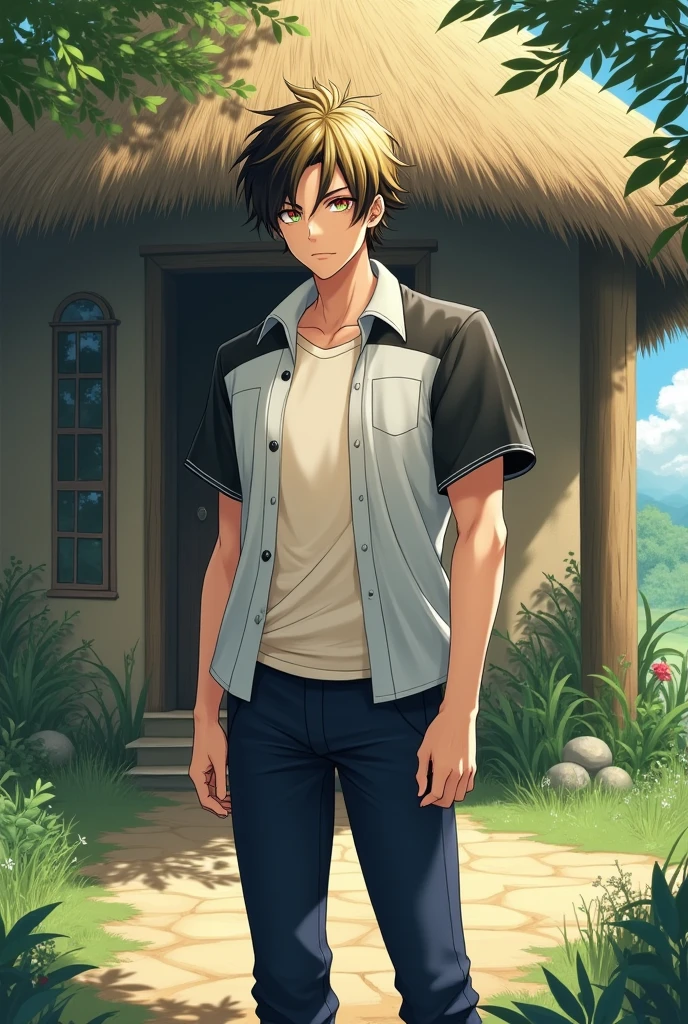 1 fantasy anime handsome boy with short and tidy "some of blonde and black hair with a little of red hair" . Shiny green eyes that have red halo around the pupils. White shirt with gray short sleeves and black edges, cream colored t-shirt underneath. The buttons are closed. Standing in front of the door of a house with straw walls and a hay roof. Among the greens and a single big tree facing. Old navy pants and old brown sandals. strong and rather tall body . a serious look