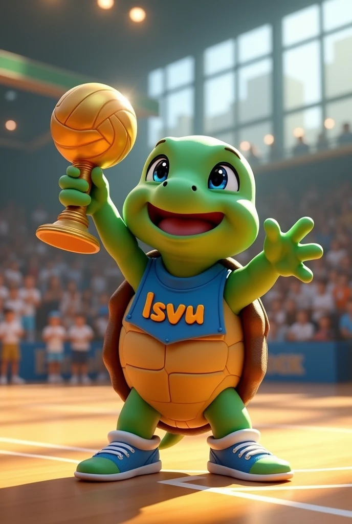 Waku, an adorable turtle with vibrant green skin and a rich brown shell, looks up with bright blue eyes shining with excitement, as if celebrating a triumphant spike, stands on a modern indoor volleyball court with polished wooden floors, waving and presenting to the spectators with his volleyball champion trophy, wearing a blue tank top with a stylized orange lowercase "lsvm" logo on the chest, his tiny tennis shoes tied and ready, capturing the essence of his cheerful and competitive spirit, with soft, warm lighting casting a comforting glow on the overall scene. He is greeting the public