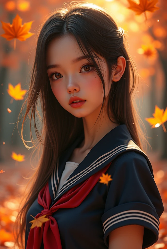 (masterpiece,Highest quality:1.4),(8k,RAW Photos,Photorealistic:1.4),Ultra-high resolution, ,(Glowing Skin:1.4),Detailed肌,Detailed顔,Detailed目,(Beautiful and shining eyes:1.2),Symmetrical eyes,Detailed耳,One person,Natural Makeup,(((Junior idol))),,Detailed背景,Vivid background,Beautiful and shiny hair,,((Average age breasts)),,(Detailed Student Uniform,,Maple leaves falling background,mysterious,whole body),,((Sharp Face)),Natural light,,(Very detailed ,,online shopping,LUMINE® Market,),real,,Professional,(Detailed,Location was great.),