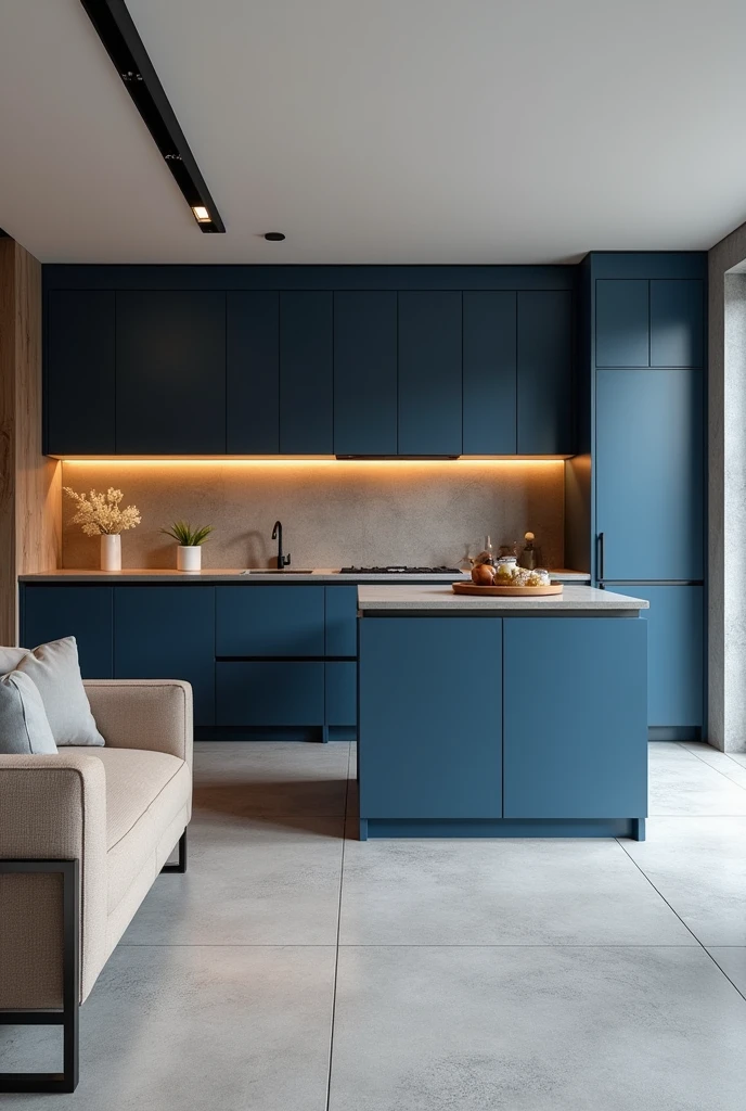 Make a blue L-shaped kitchen , with a light gray floor and a wall with a color you think matches and a beige sofa in an open concept living room