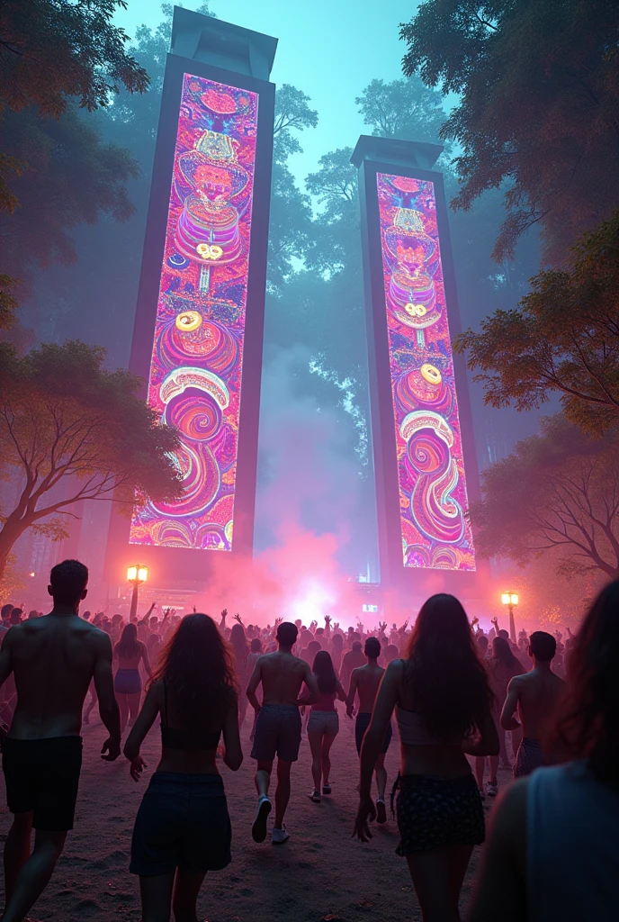 Create an image with people fleeing looking for emergency exits at the exit of a rave party in nature, create large psychedelic signs and in the background smoke and fire