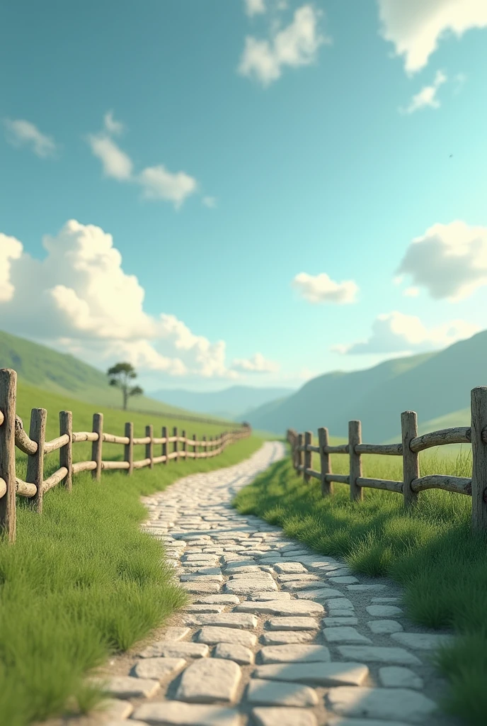 create a 3d scenario. the scene has a stone road, fences and clouds