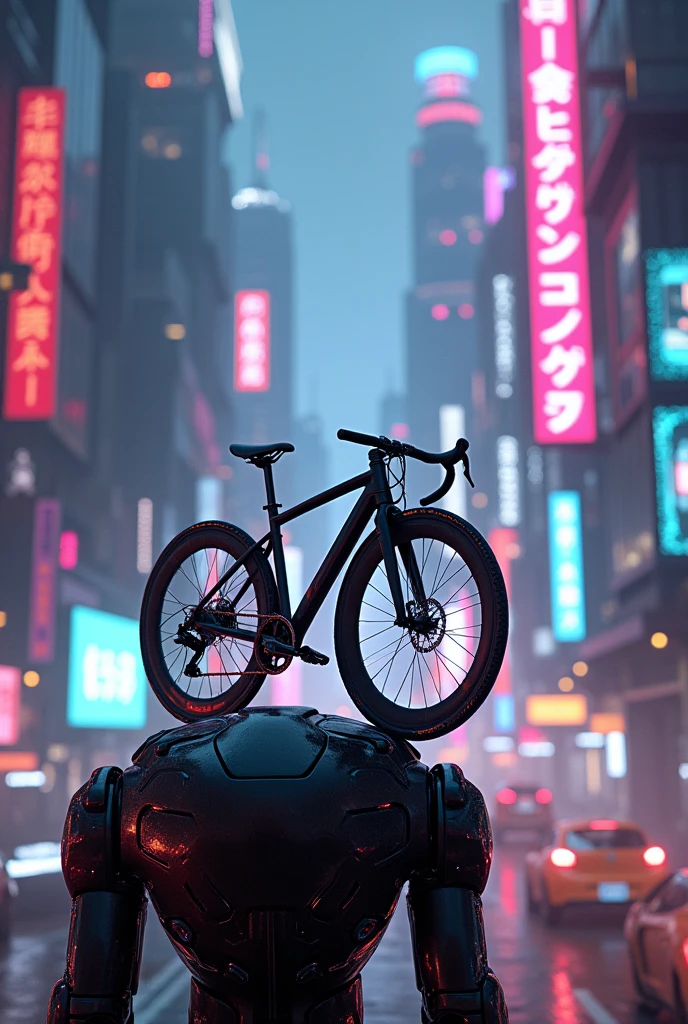 Neon city with bike sitting on robot