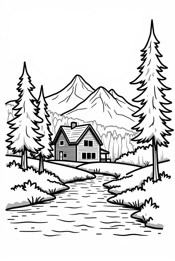Landscape with a country house, trees, a river, mountains in the background, only outline of the drawing, black and white