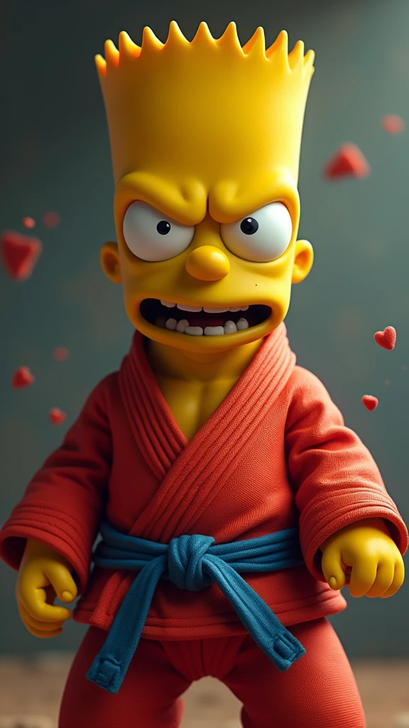 a Bart Simpson character in a jiu-jitsu kimono, angry expression, detailed face, photorealistic, 8k, highly detailed, digital painting, dramatic lighting, cinematic, vibrant colors, dynamic pose, shiny fabric textures