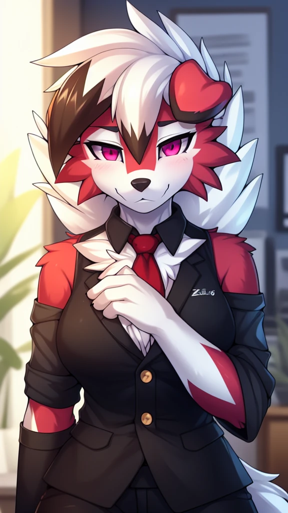 By zinfyu,by twistedscarlet60, uploaded on pixiv, by fluff-kevlar, (masterpiece), (best quality), (solo female:1.2), (extremely detailed:1.3),(detailed eye,black circle on eye,pink eye), lycanroc midnight, Front view, view on viewer, close view, shy face, half body on potrait, only body and head, close view, wearing black casual uniform, long uniform, black Long pant, red tie, medium chest, close up photo of lycanroc, focus on face, in office,