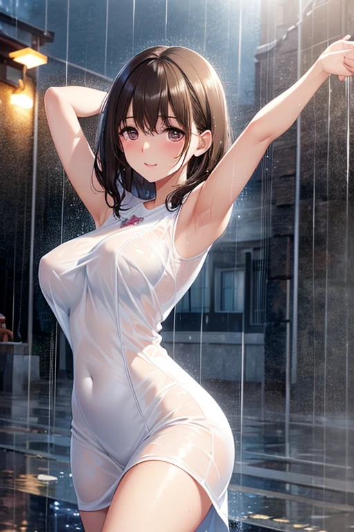 realistically, 1 girl, Twintail hair, brown eyes, glowing eyes, white short skirt, Blush, daytime, Wet from the rain, see through, Knee hug, Strapless shirt, nipples, Sit with your knees raised., armpit, cleavage, panty, outdoor, 18 years old, pussy reveal, crotch, (bending down to viewer)