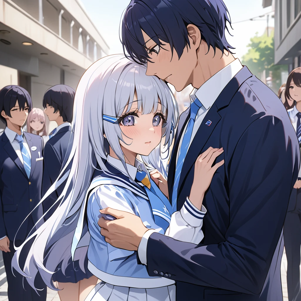 ((Highest quality)), ((masterpiece)), (detailed), (Perfect Face)、The woman is Reika Aoki with semi-long hair、The woman is the vice president of the student council and is wearing a special white high school uniform along with the student council president, a very wealthy man.、The woman is held by the man and supports him both in public and private life.