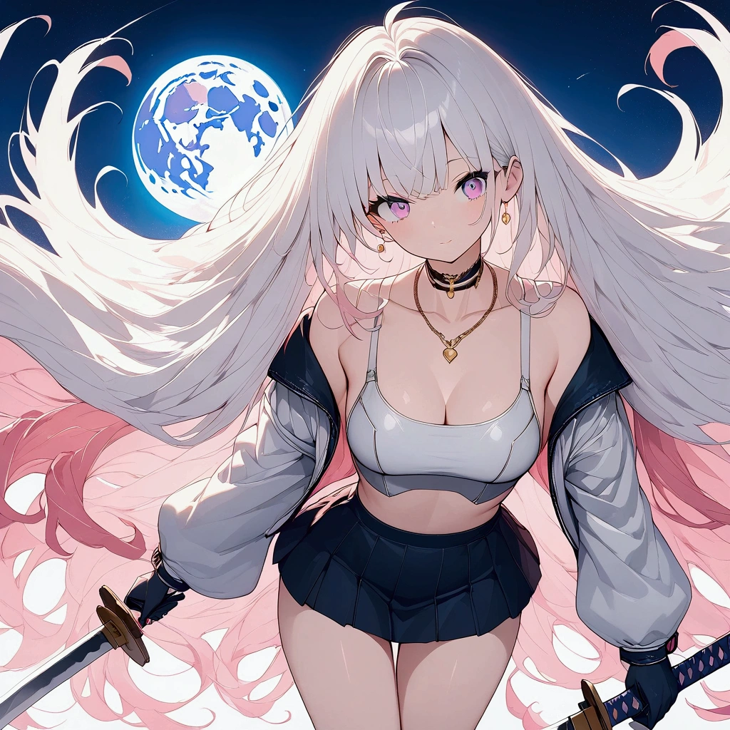 (((anime))) One Woman,Holding a Japanese sword,With a scabbard,Pulling out the sword,Draw your sword,samurai,Long Hair,Fluffy long hair,(White Hair),Oblique bangs,One eye is hidden,necklace,yellowの目,Big eyes, silver cyber suit,Raid Suit,Drop shoulder,mini skirt,yellowのブーツ,Modern city,Neon color,moon,pink,yellow,masterpiece,Highest quality,Exquisite,8k,Absurd,Ultra-fine illustrations,(View your audience)