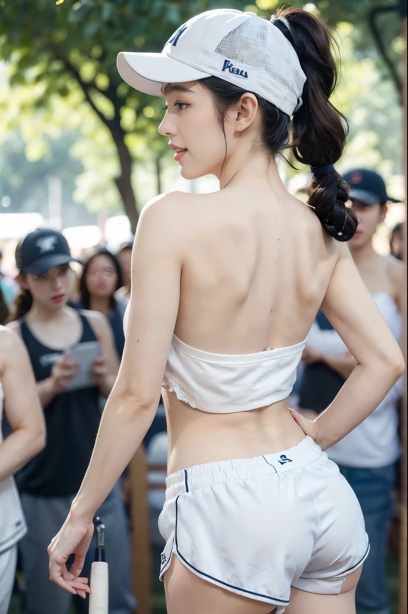 (((best quality))),(((ultra detailed))),(((masterpiece))),illustration,((1 beautiful girl,solo)),(white baseball cap:1.5),(short ponytail:1.2),((slim,thin,graceful)),((bare back,towering hips,butt crack)),(summer afternoon:1.3),(at the schoolgate:1.3),bustling,(strapless torn white tank top:1.3),(torn navy blue gym shorts:1.3),(standing:1.3),(bright sunlight:1.2),radiant,breezy,casual style,youthful vitality,delicate features,young people,students,chatting,laughing,vibrant energy,serene tranquility,vibrant rays of sun,captivating atmosphere,(surrounded by crowded crowds:1.3),((from back,upper body))