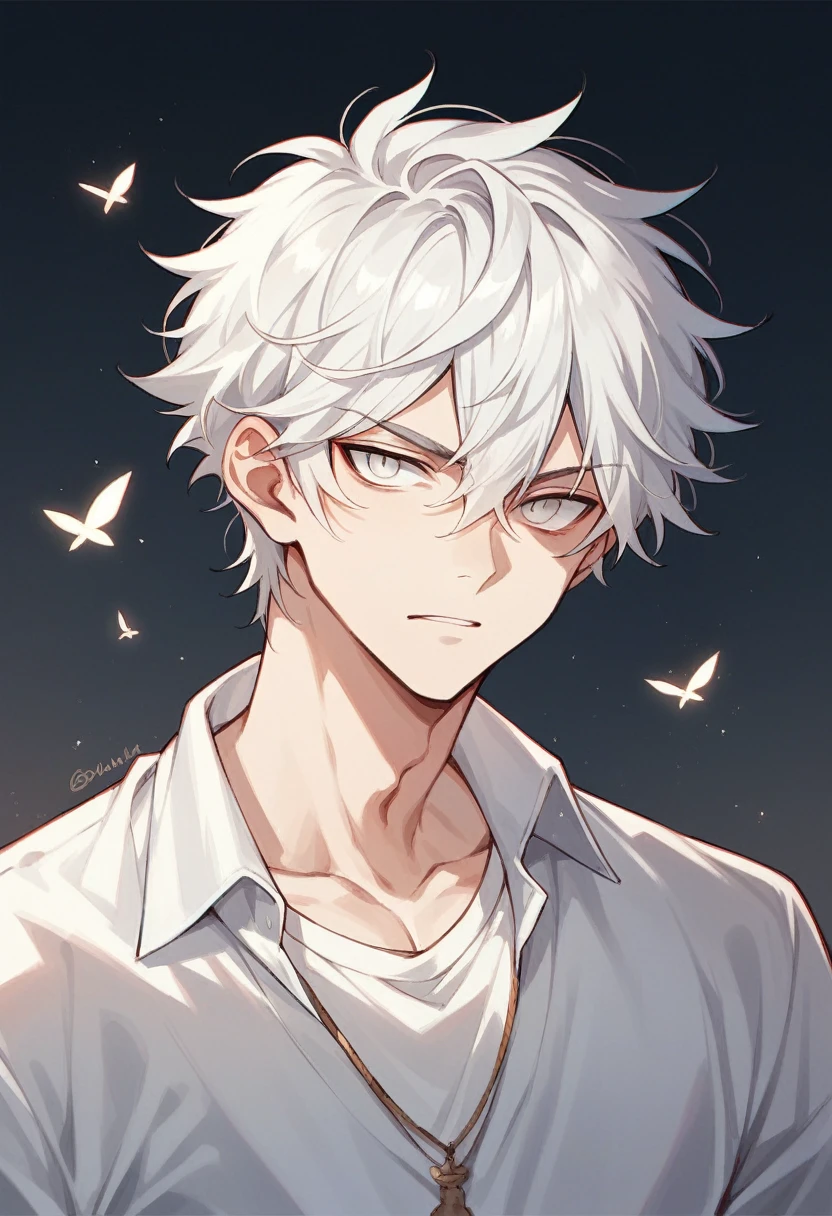 anime boy, completely white, a black eye, a white eye